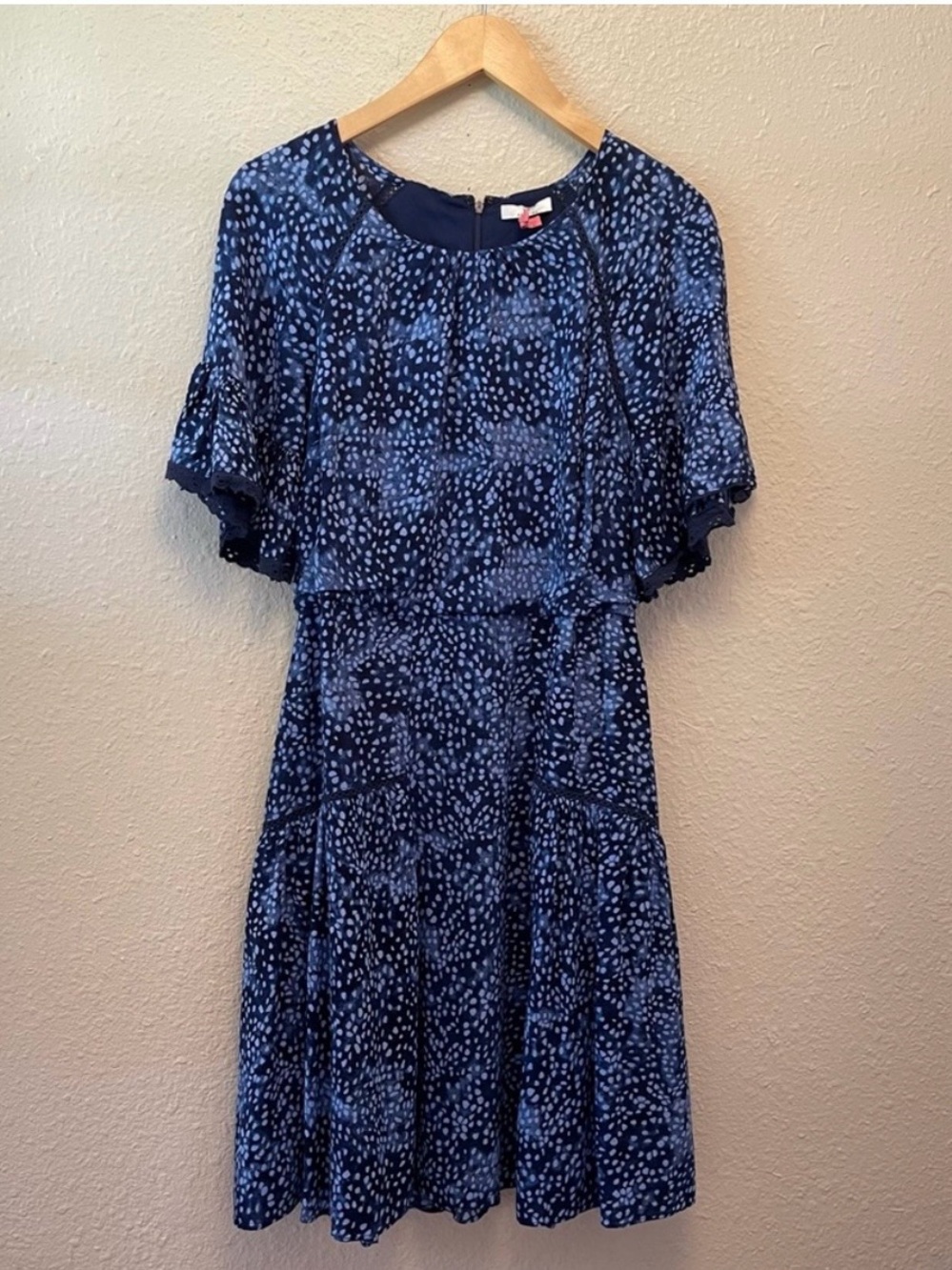Halston Cobalt Blue Dots Eyelet Trim Bell Sleeves Knee Length Ruffle Skirt Dress